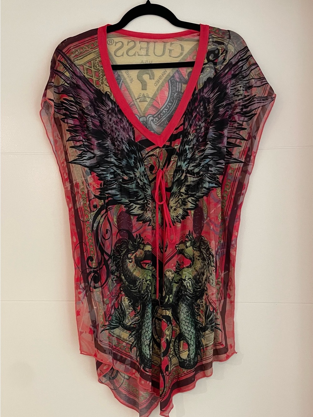 Guess NWOT y2k find Sheer Red Pink Tunic with Winged Graphic and tie front Y2K.